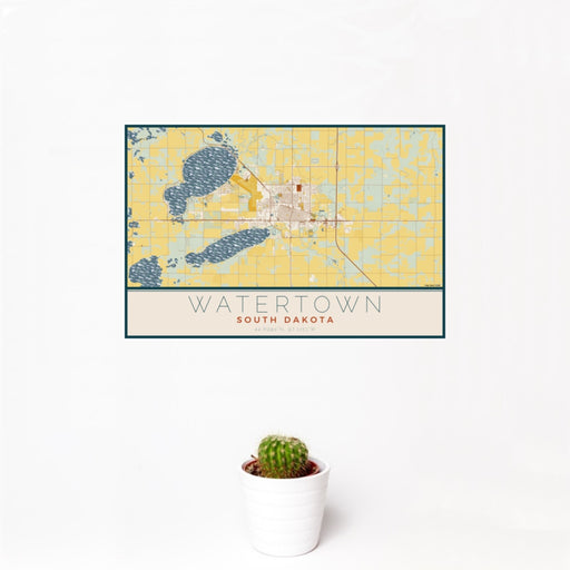 12x18 Watertown South Dakota Map Print Landscape Orientation in Woodblock Style With Small Cactus Plant in White Planter