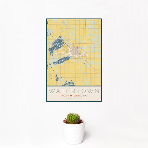 12x18 Watertown South Dakota Map Print Portrait Orientation in Woodblock Style With Small Cactus Plant in White Planter