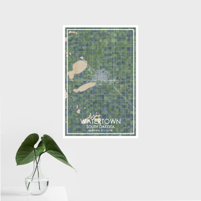16x24 Watertown South Dakota Map Print Portrait Orientation in Afternoon Style With Tropical Plant Leaves in Water