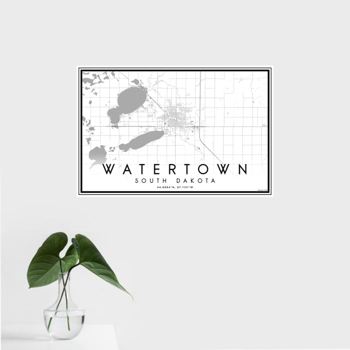 16x24 Watertown South Dakota Map Print Landscape Orientation in Classic Style With Tropical Plant Leaves in Water