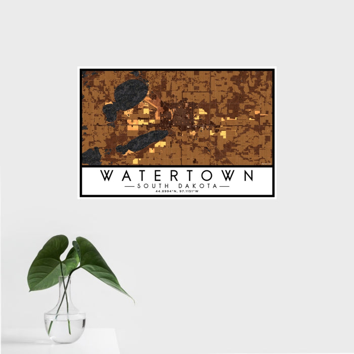16x24 Watertown South Dakota Map Print Landscape Orientation in Ember Style With Tropical Plant Leaves in Water