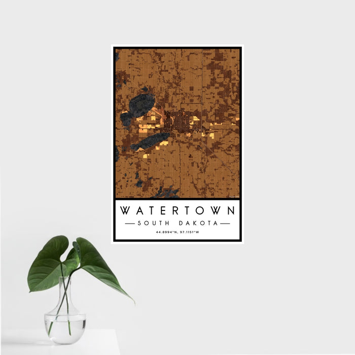 16x24 Watertown South Dakota Map Print Portrait Orientation in Ember Style With Tropical Plant Leaves in Water