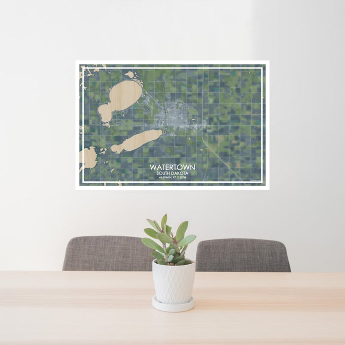 24x36 Watertown South Dakota Map Print Lanscape Orientation in Afternoon Style Behind 2 Chairs Table and Potted Plant
