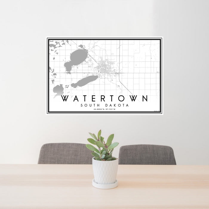 24x36 Watertown South Dakota Map Print Lanscape Orientation in Classic Style Behind 2 Chairs Table and Potted Plant