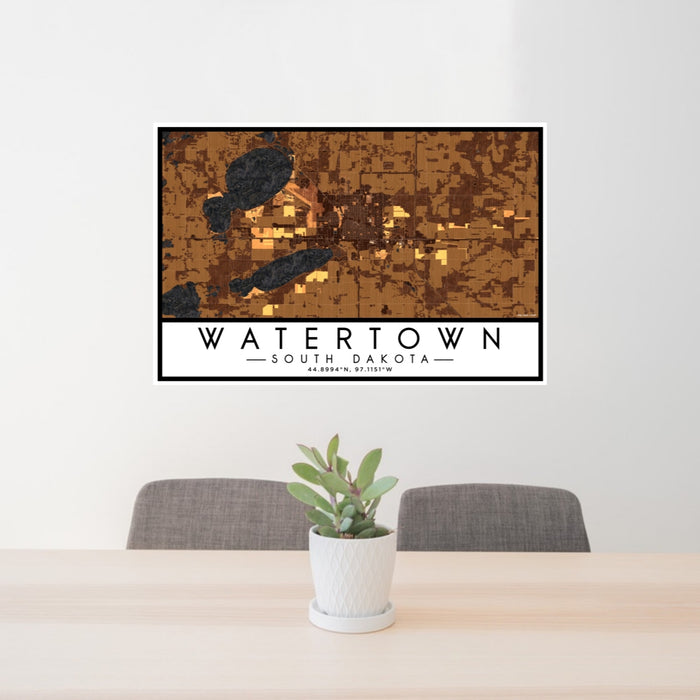 24x36 Watertown South Dakota Map Print Lanscape Orientation in Ember Style Behind 2 Chairs Table and Potted Plant
