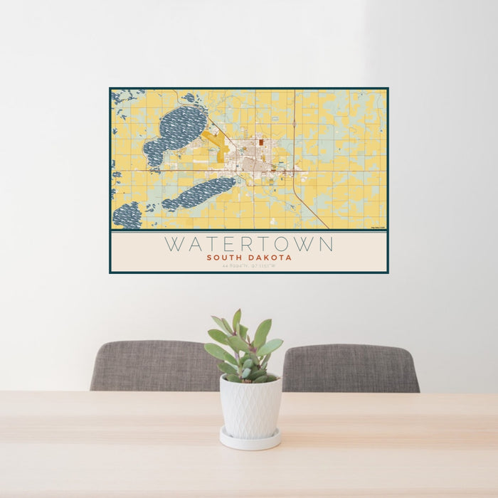 24x36 Watertown South Dakota Map Print Lanscape Orientation in Woodblock Style Behind 2 Chairs Table and Potted Plant