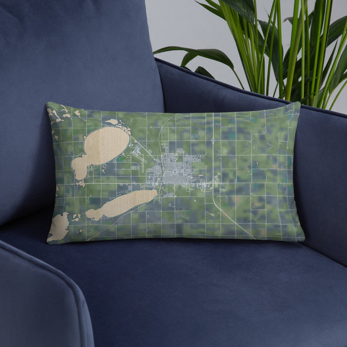 Custom Watertown South Dakota Map Throw Pillow in Afternoon on Blue Colored Chair