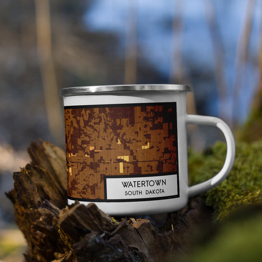 Right View Custom Watertown South Dakota Map Enamel Mug in Ember on Grass With Trees in Background