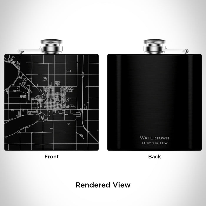 Rendered View of Watertown South Dakota Map Engraving on 6oz Stainless Steel Flask in Black