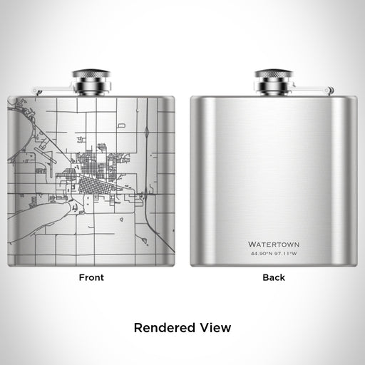 Rendered View of Watertown South Dakota Map Engraving on 6oz Stainless Steel Flask