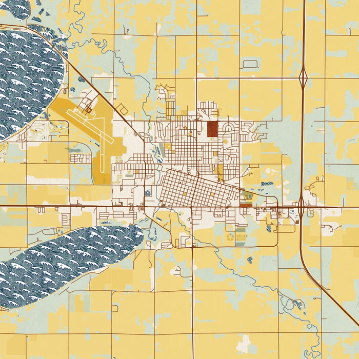 Watertown South Dakota Map Print in Woodblock Style Zoomed In Close Up Showing Details