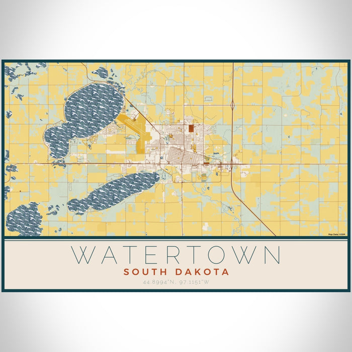Watertown South Dakota Map Print Landscape Orientation in Woodblock Style With Shaded Background