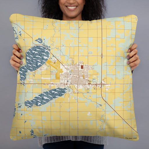 Person holding 22x22 Custom Watertown South Dakota Map Throw Pillow in Woodblock