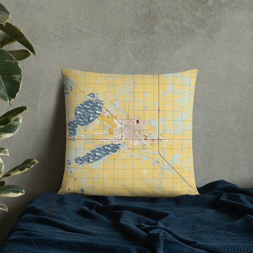 Custom Watertown South Dakota Map Throw Pillow in Woodblock on Bedding Against Wall