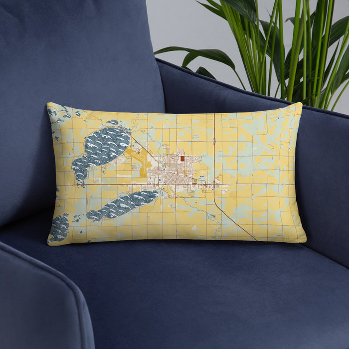 Custom Watertown South Dakota Map Throw Pillow in Woodblock on Blue Colored Chair