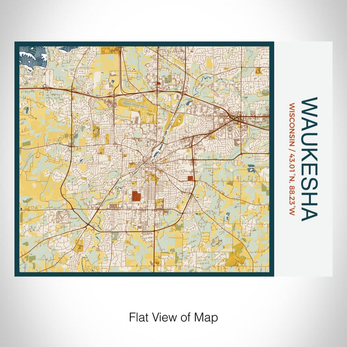 Rendered View of Waukesha Wisconsin Map on 20oz Stainless Steel Insulated Bottle with Bamboo Top with printed woodblock style map