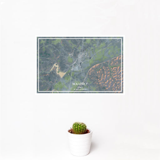 12x18 Waverly Ohio Map Print Landscape Orientation in Afternoon Style With Small Cactus Plant in White Planter
