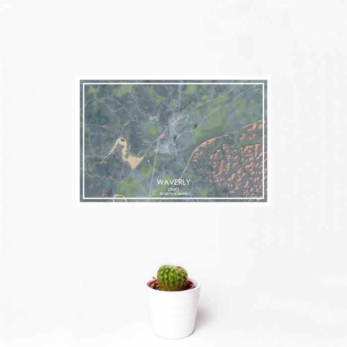12x18 Waverly Ohio Map Print Landscape Orientation in Afternoon Style With Small Cactus Plant in White Planter