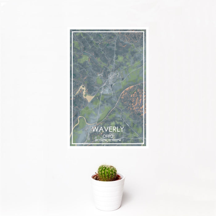 12x18 Waverly Ohio Map Print Portrait Orientation in Afternoon Style With Small Cactus Plant in White Planter