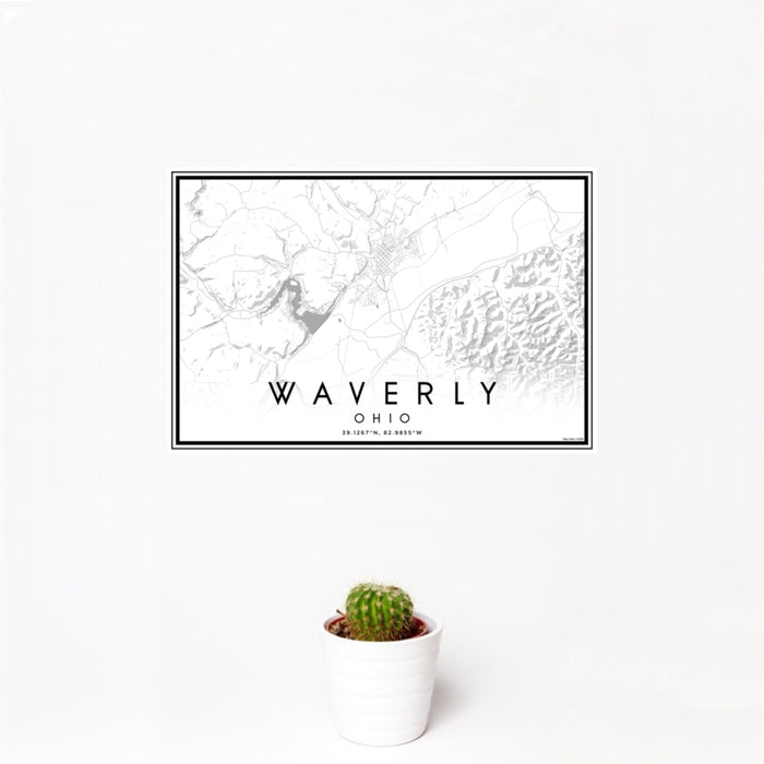 12x18 Waverly Ohio Map Print Landscape Orientation in Classic Style With Small Cactus Plant in White Planter