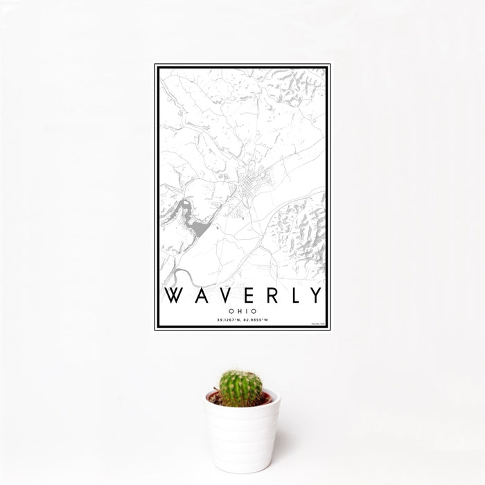 12x18 Waverly Ohio Map Print Portrait Orientation in Classic Style With Small Cactus Plant in White Planter