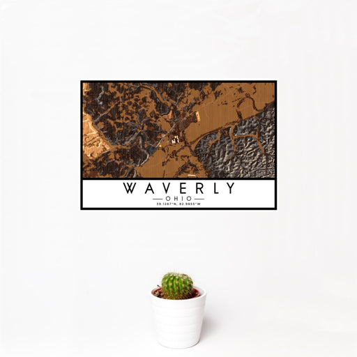12x18 Waverly Ohio Map Print Landscape Orientation in Ember Style With Small Cactus Plant in White Planter