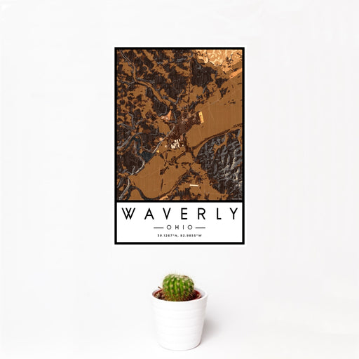 12x18 Waverly Ohio Map Print Portrait Orientation in Ember Style With Small Cactus Plant in White Planter
