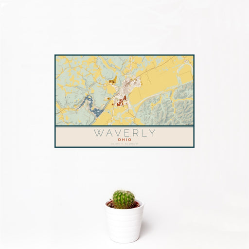 12x18 Waverly Ohio Map Print Landscape Orientation in Woodblock Style With Small Cactus Plant in White Planter