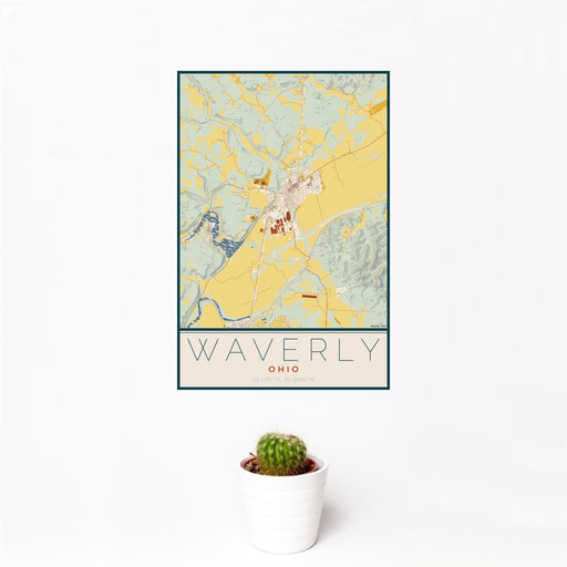 12x18 Waverly Ohio Map Print Portrait Orientation in Woodblock Style With Small Cactus Plant in White Planter