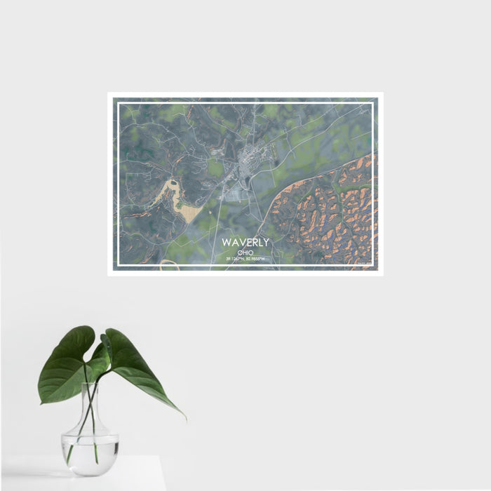 16x24 Waverly Ohio Map Print Landscape Orientation in Afternoon Style With Tropical Plant Leaves in Water