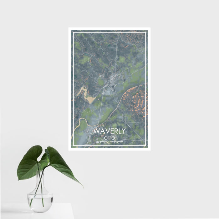16x24 Waverly Ohio Map Print Portrait Orientation in Afternoon Style With Tropical Plant Leaves in Water