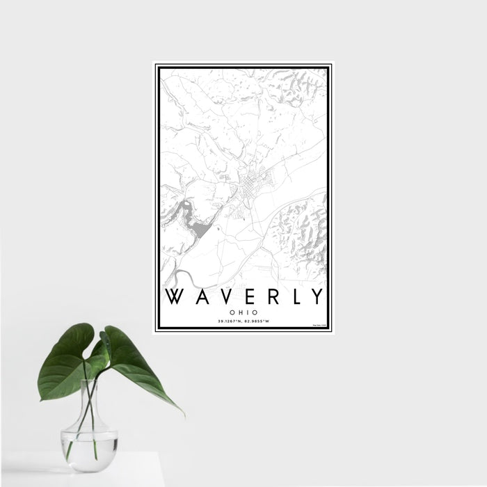 16x24 Waverly Ohio Map Print Portrait Orientation in Classic Style With Tropical Plant Leaves in Water