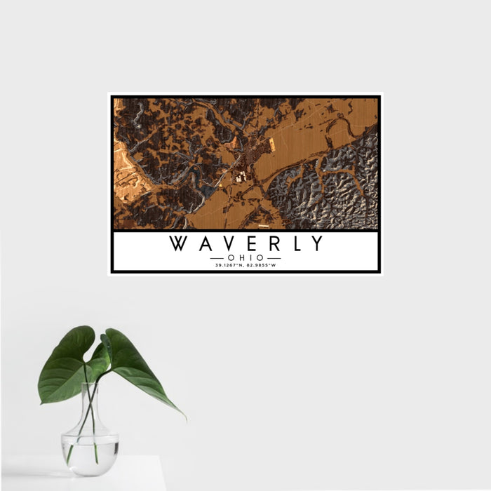 16x24 Waverly Ohio Map Print Landscape Orientation in Ember Style With Tropical Plant Leaves in Water