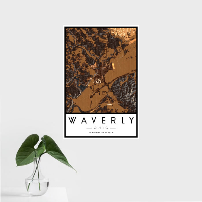 16x24 Waverly Ohio Map Print Portrait Orientation in Ember Style With Tropical Plant Leaves in Water