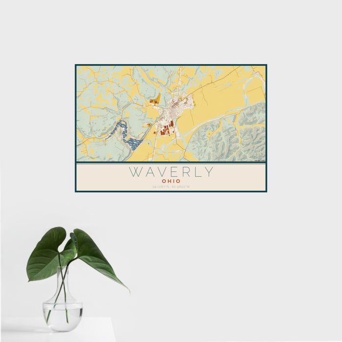 16x24 Waverly Ohio Map Print Landscape Orientation in Woodblock Style With Tropical Plant Leaves in Water