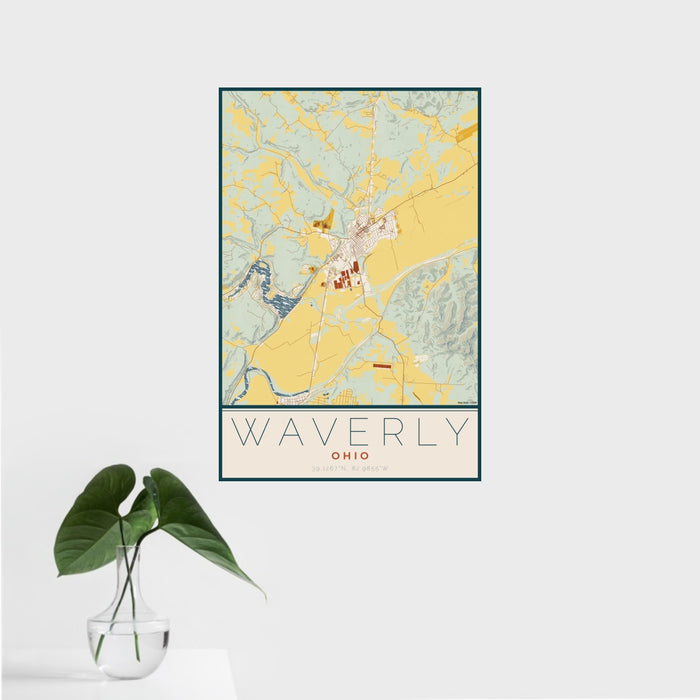16x24 Waverly Ohio Map Print Portrait Orientation in Woodblock Style With Tropical Plant Leaves in Water