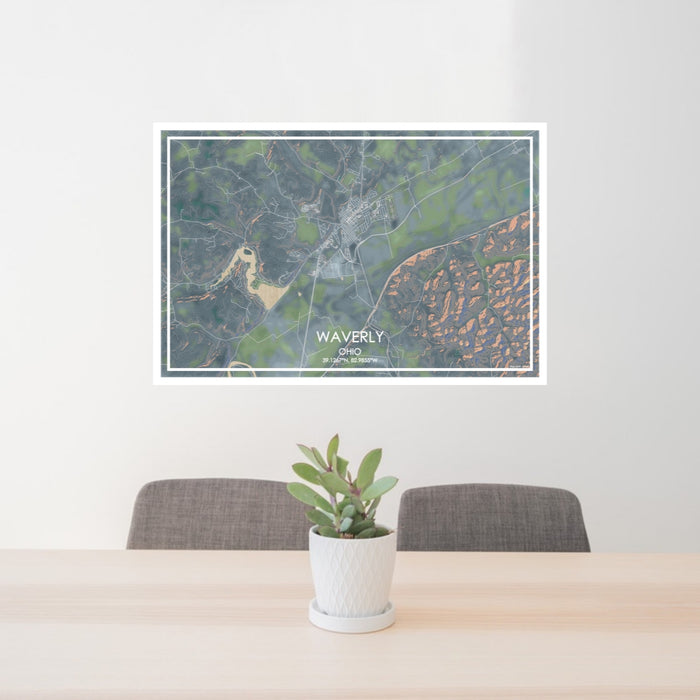 24x36 Waverly Ohio Map Print Lanscape Orientation in Afternoon Style Behind 2 Chairs Table and Potted Plant