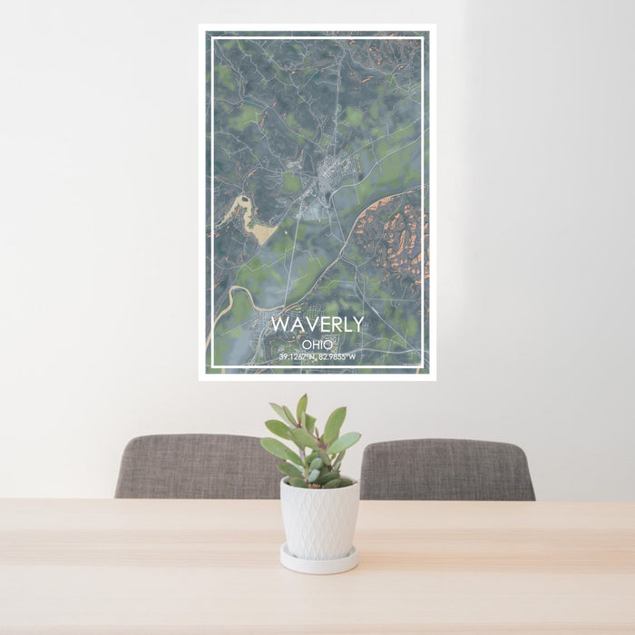 24x36 Waverly Ohio Map Print Portrait Orientation in Afternoon Style Behind 2 Chairs Table and Potted Plant
