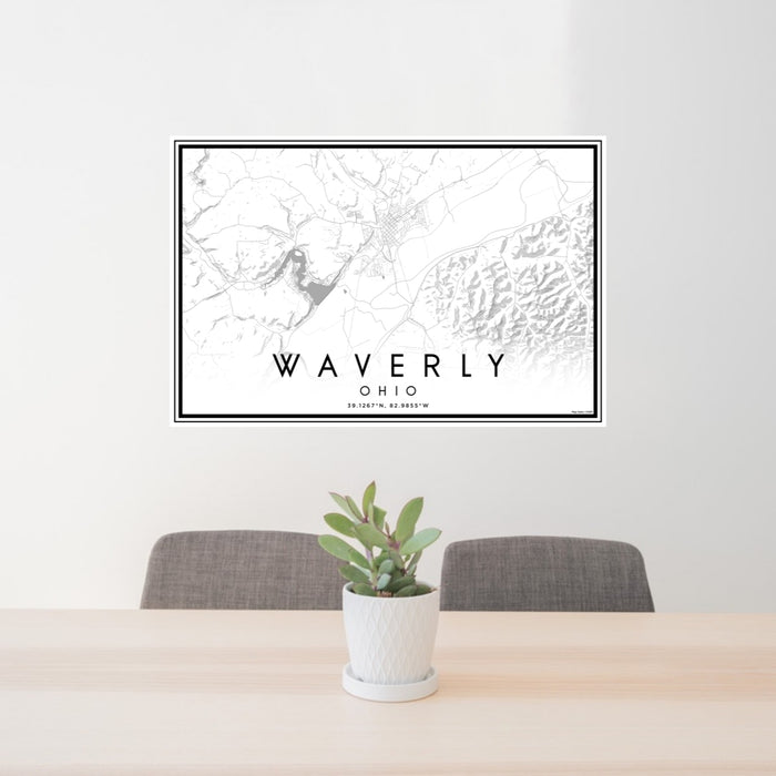 24x36 Waverly Ohio Map Print Lanscape Orientation in Classic Style Behind 2 Chairs Table and Potted Plant