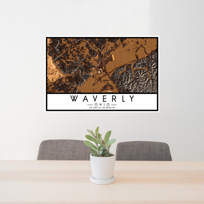 24x36 Waverly Ohio Map Print Lanscape Orientation in Ember Style Behind 2 Chairs Table and Potted Plant