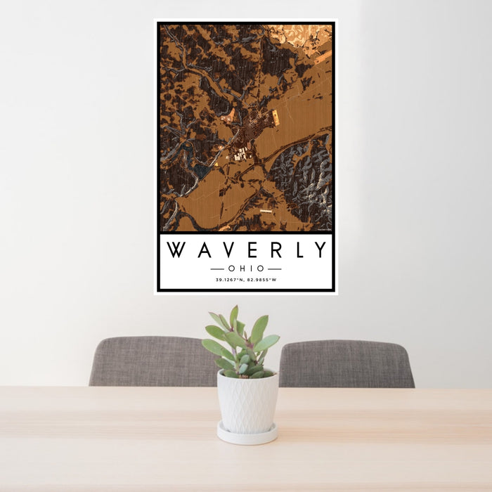 24x36 Waverly Ohio Map Print Portrait Orientation in Ember Style Behind 2 Chairs Table and Potted Plant