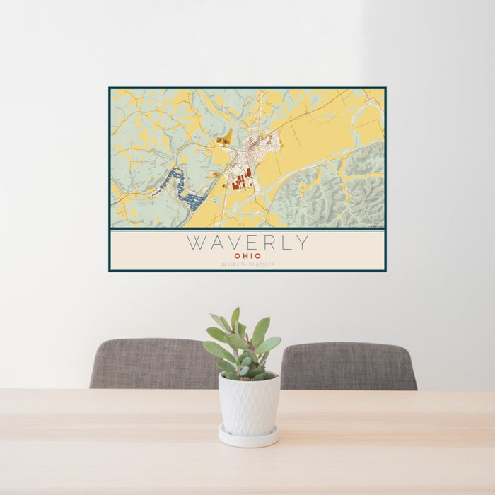 24x36 Waverly Ohio Map Print Lanscape Orientation in Woodblock Style Behind 2 Chairs Table and Potted Plant