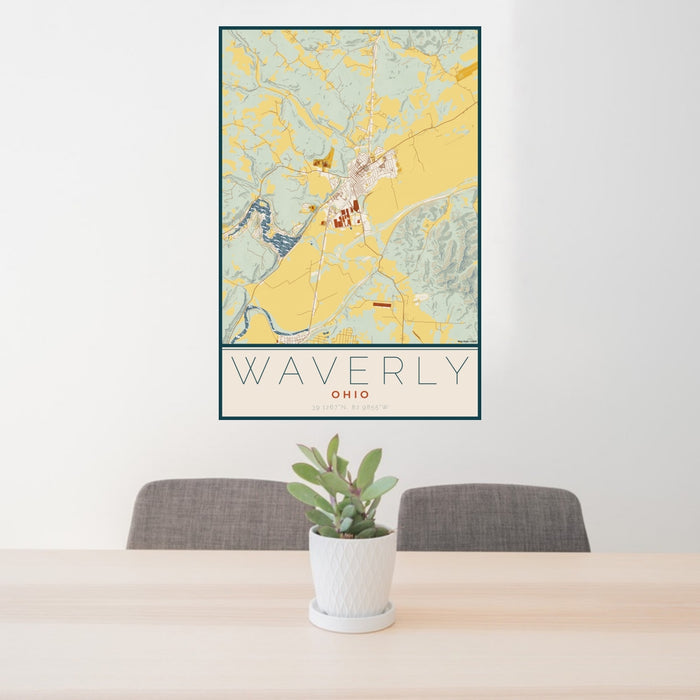 24x36 Waverly Ohio Map Print Portrait Orientation in Woodblock Style Behind 2 Chairs Table and Potted Plant
