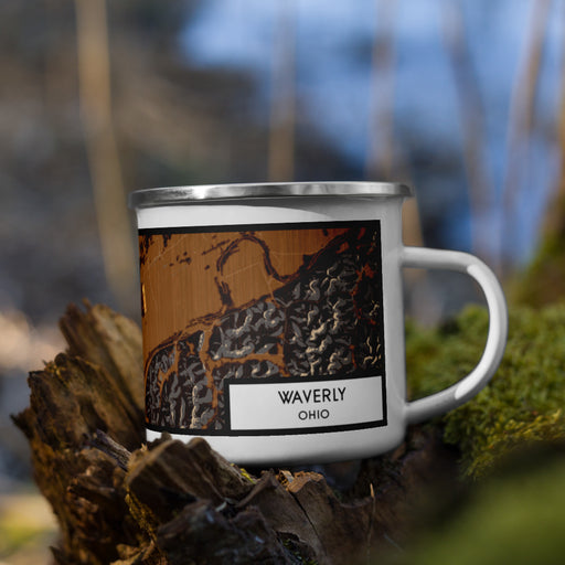 Right View Custom Waverly Ohio Map Enamel Mug in Ember on Grass With Trees in Background