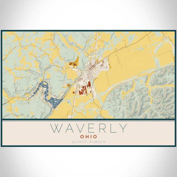 Waverly Ohio Map Print Landscape Orientation in Woodblock Style With Shaded Background