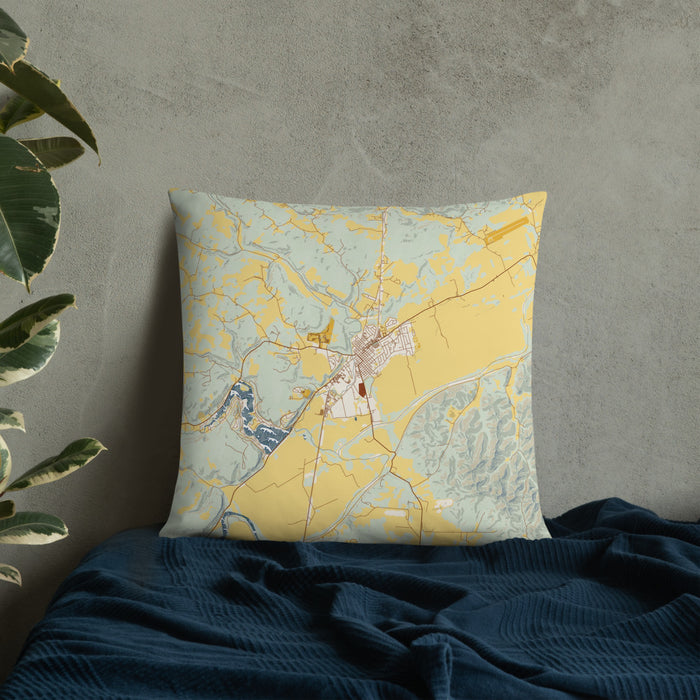 Custom Waverly Ohio Map Throw Pillow in Woodblock on Bedding Against Wall