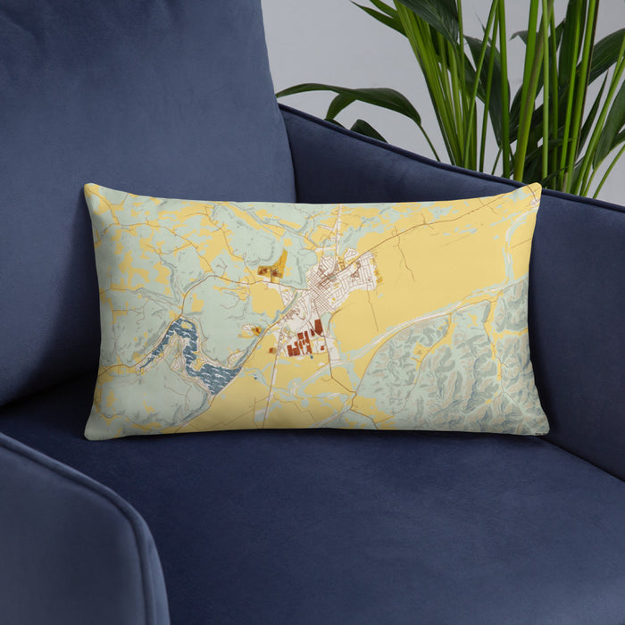 Custom Waverly Ohio Map Throw Pillow in Woodblock on Blue Colored Chair