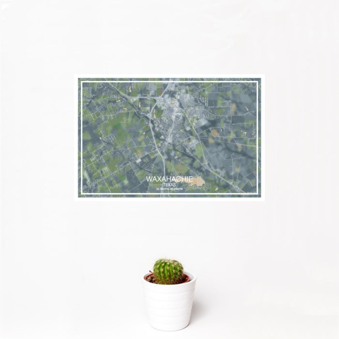 12x18 Waxahachie Texas Map Print Landscape Orientation in Afternoon Style With Small Cactus Plant in White Planter
