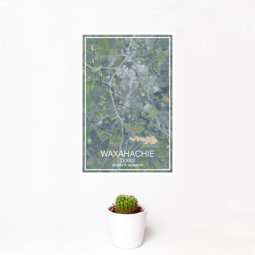12x18 Waxahachie Texas Map Print Portrait Orientation in Afternoon Style With Small Cactus Plant in White Planter