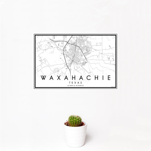 12x18 Waxahachie Texas Map Print Landscape Orientation in Classic Style With Small Cactus Plant in White Planter